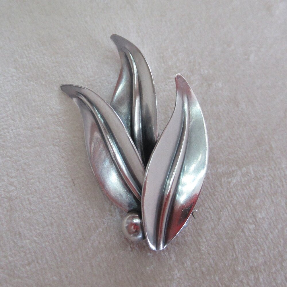 Vintage Denmark Niels Erik Sterling Leaves Pin Brooch Signer, 1.75" H